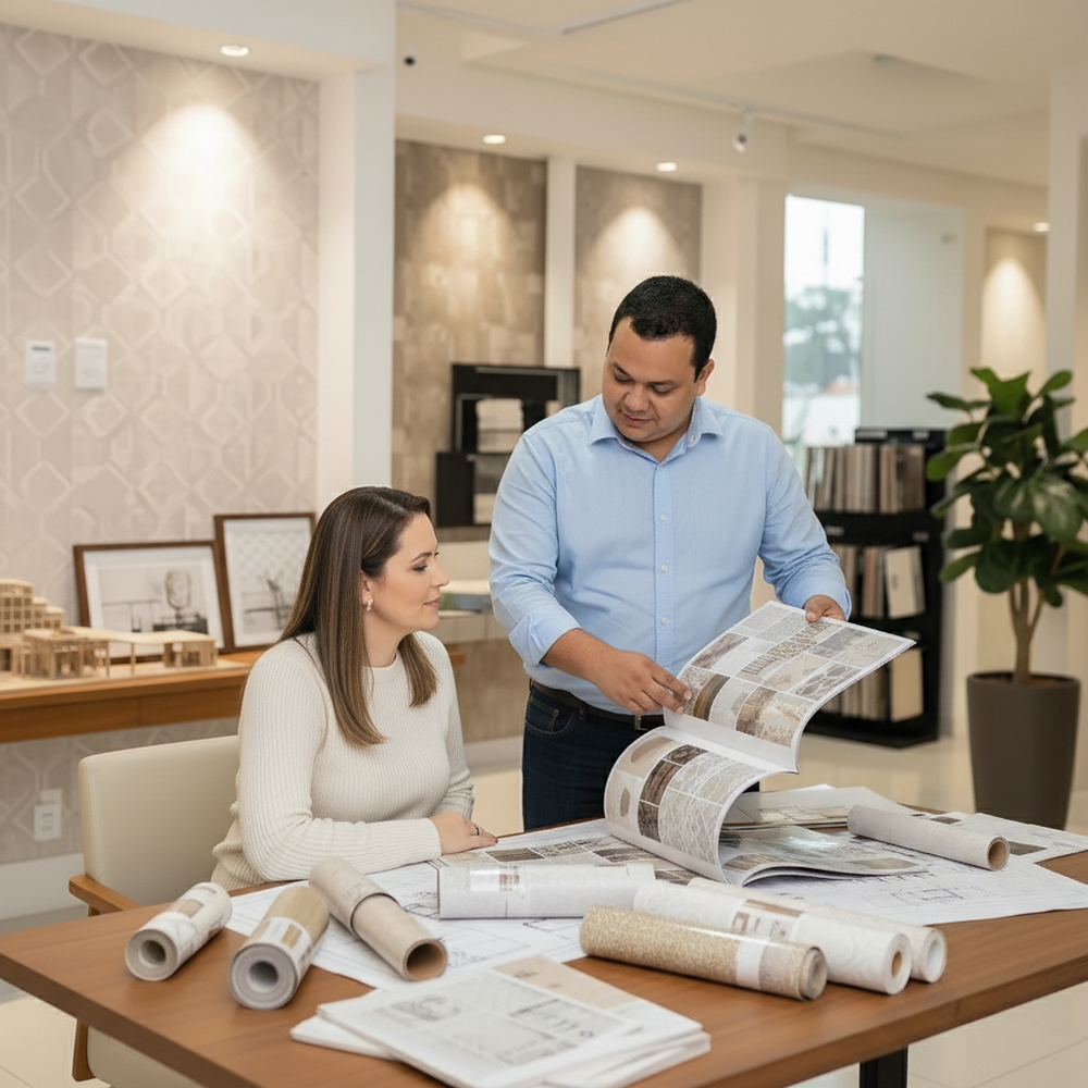 Alexandre mostrando catálogo para cliente