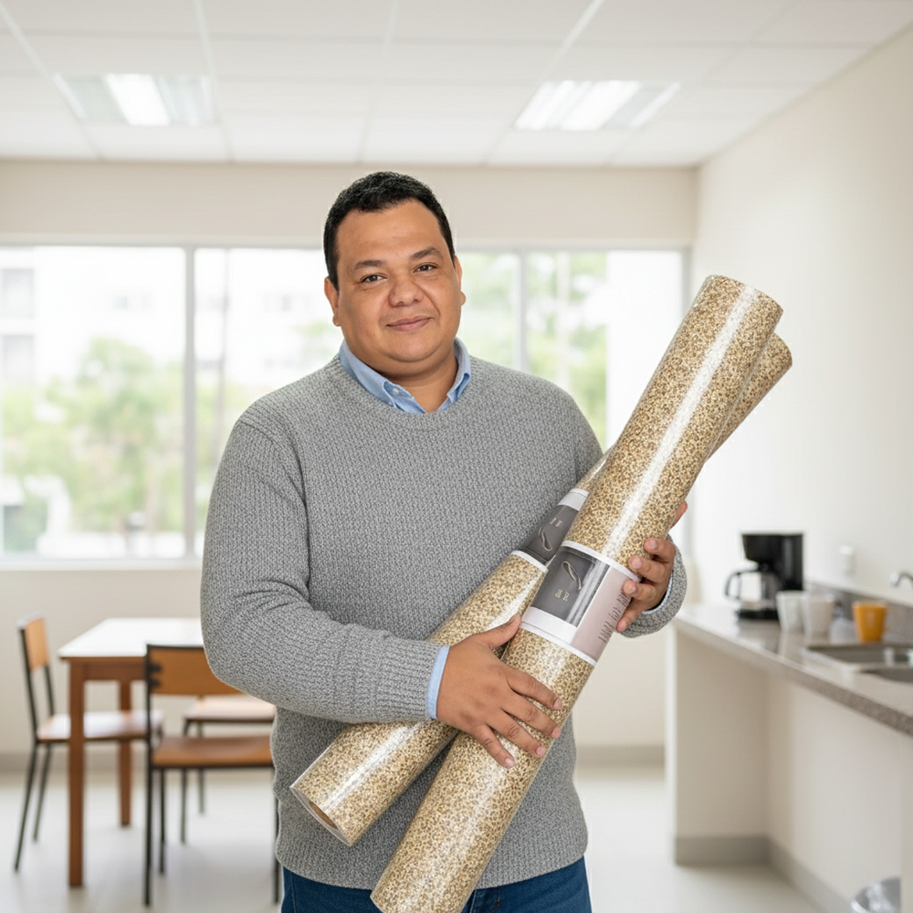 Alexandre segurando rolos de papel de parede