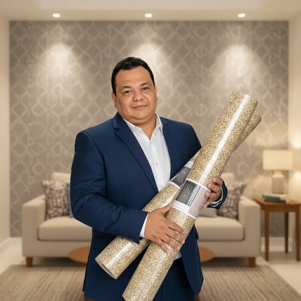 Alexandre segurando rolos de papel de parede