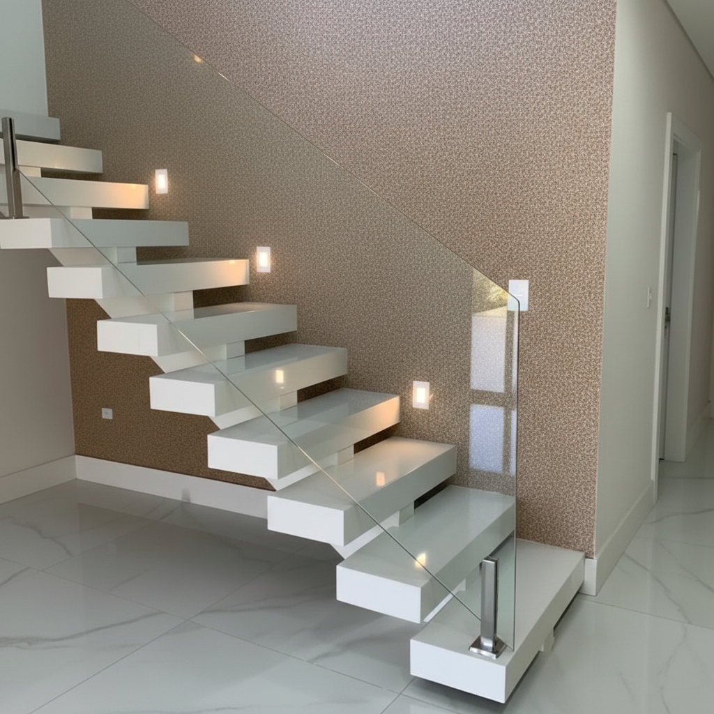 Papel de parede aplicada em uma parede atras da escada