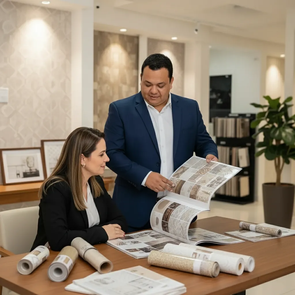 Alexandre mostrando catálogo para cliente